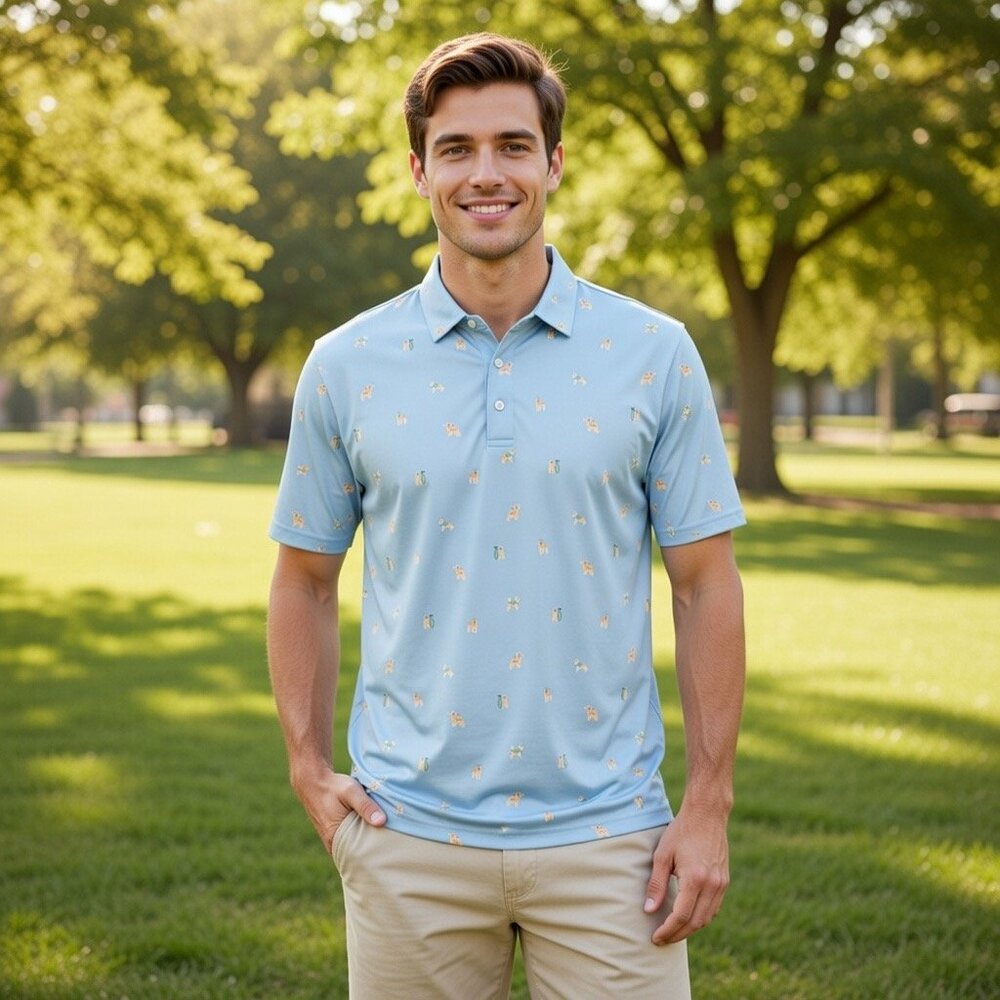 Chubbies Men's Light Blue Golden Retriever 3‎ Button Polo, Size S